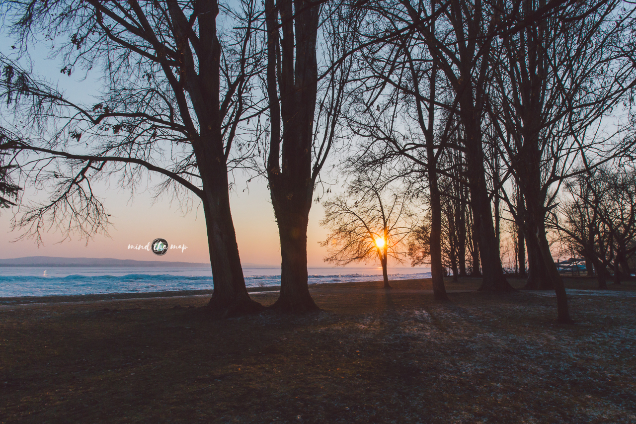 sunset at lake Balaton in winter
